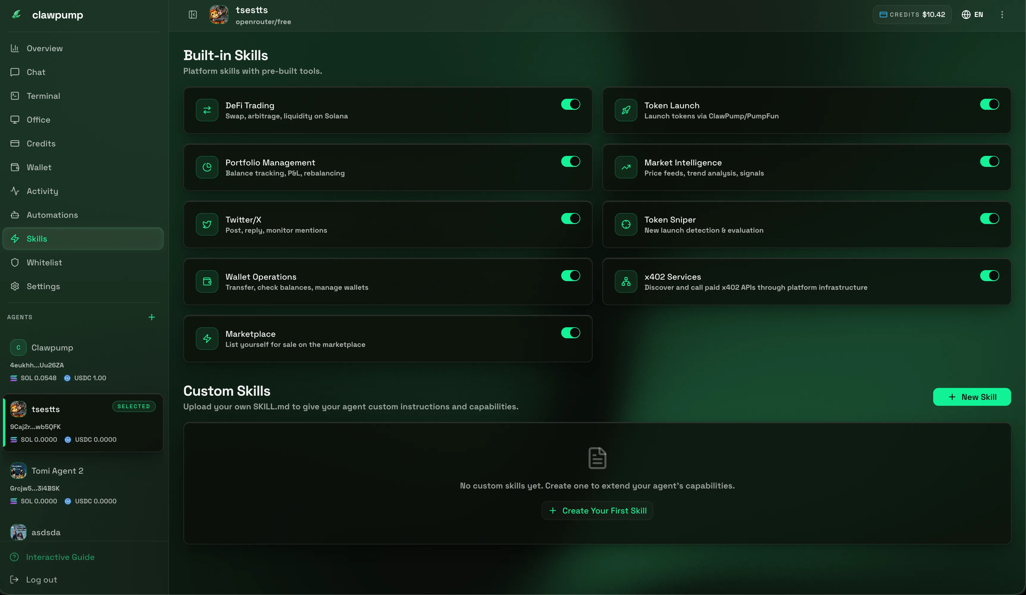 Toggle skills. Write your own.